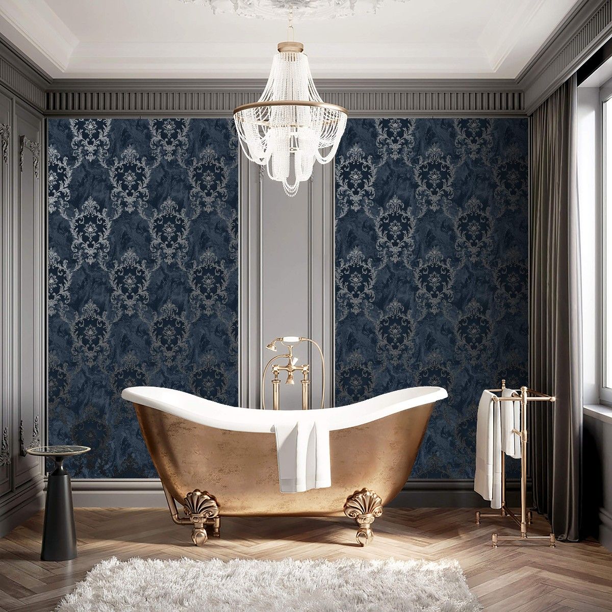 Sienna Damask Blue Silver Vasari Italian Luxury Vinyl Wallpaper